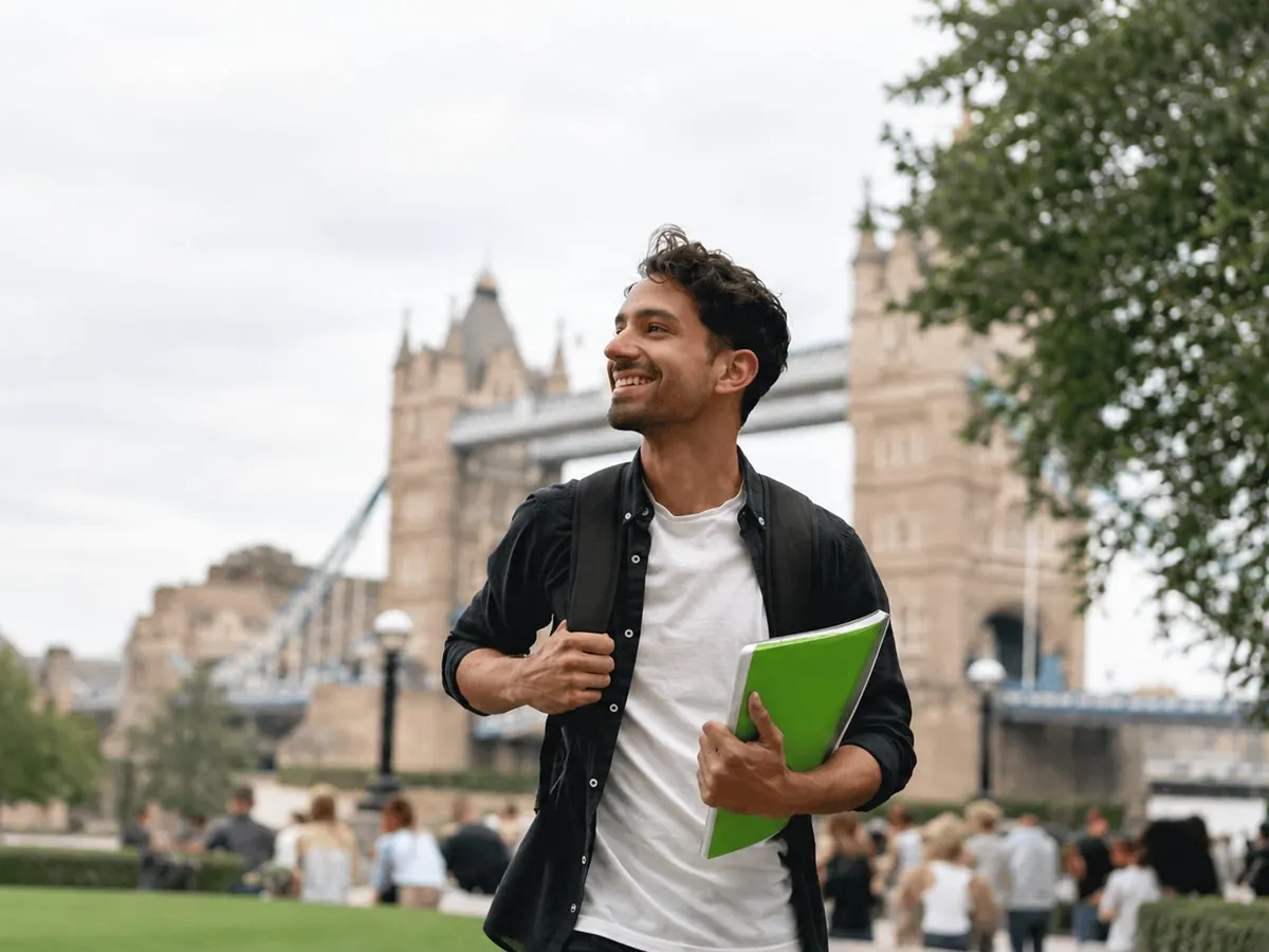 Student holding a notebook on a university campus