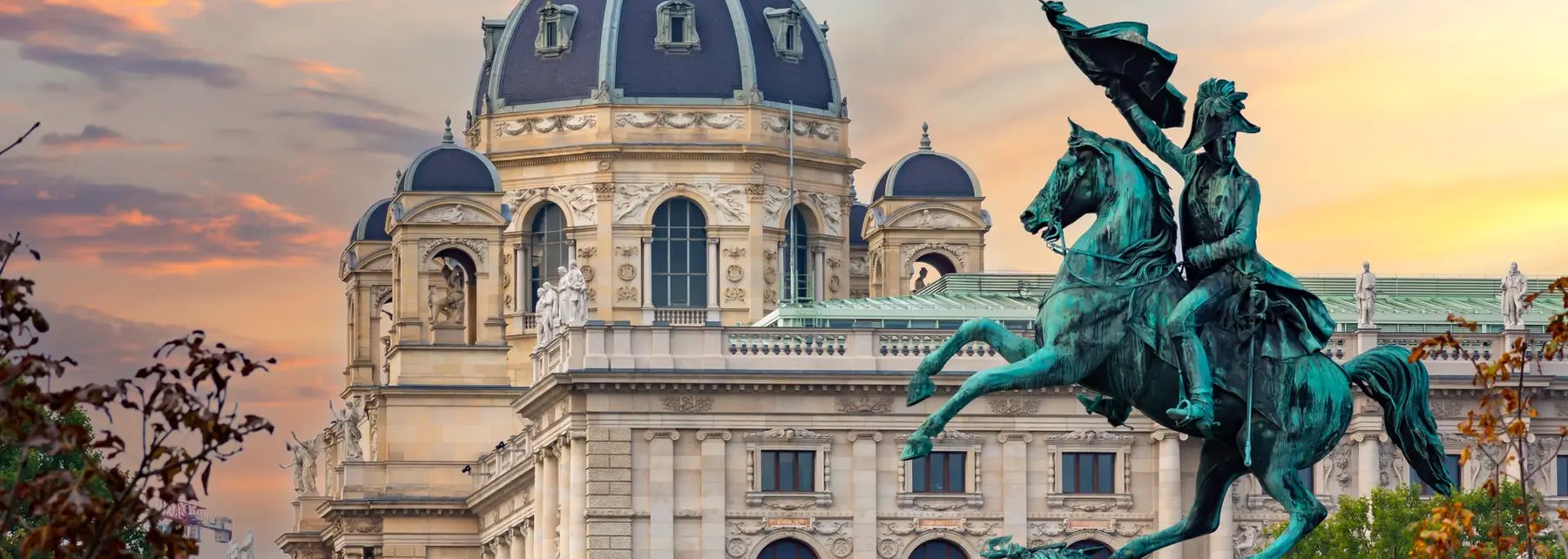 Vienna, Natural History Museum and Archduke Charles monument at sunset
